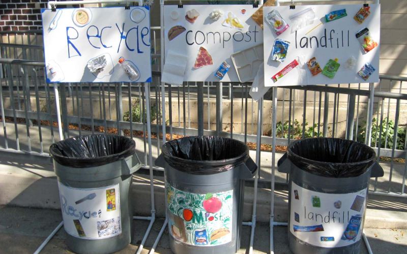 Washington Elementary School outdoor waste station with bins for recycling, compost and landfill
