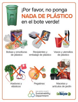 Spanish language version of the San Mateo County green bin sorting card - keep plastic out of the green bin