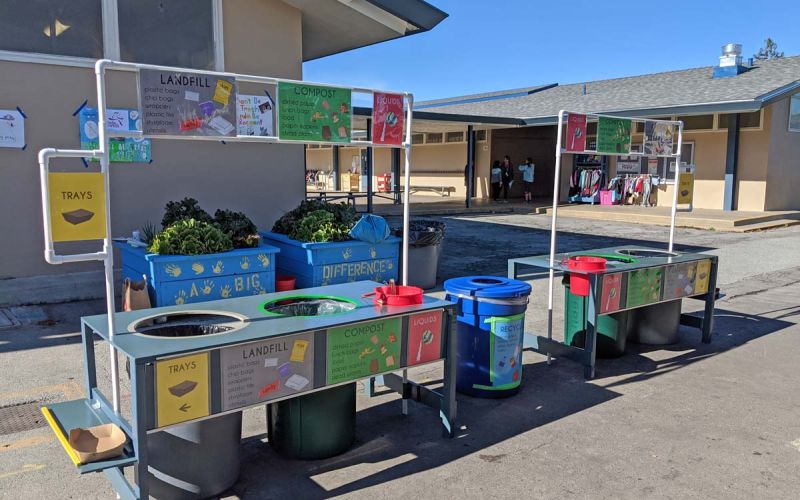 waste sorting station outdoors at an elementary school with bins for landfill, compost, and recycling