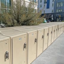 row of outdoor San Mateo County employee free bike lockers