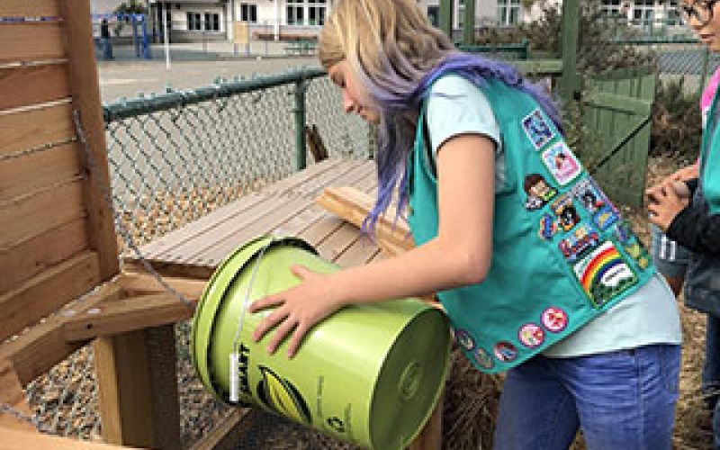 student dumps green waste into compost bin in Solutions to Waste Schools Program