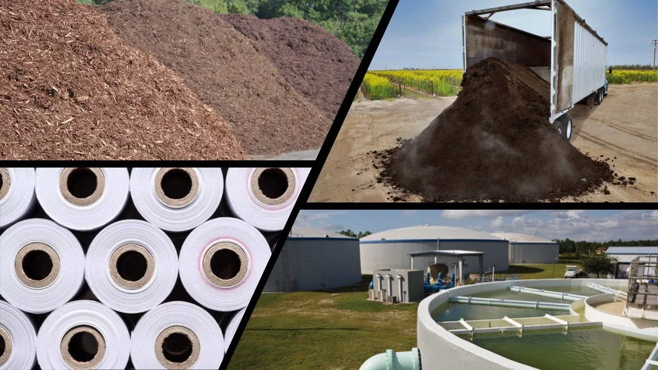 piles of mulch, truck dumping compost at vineyard, post-consumer recycled paper rolls, and a sewer treatment plant
