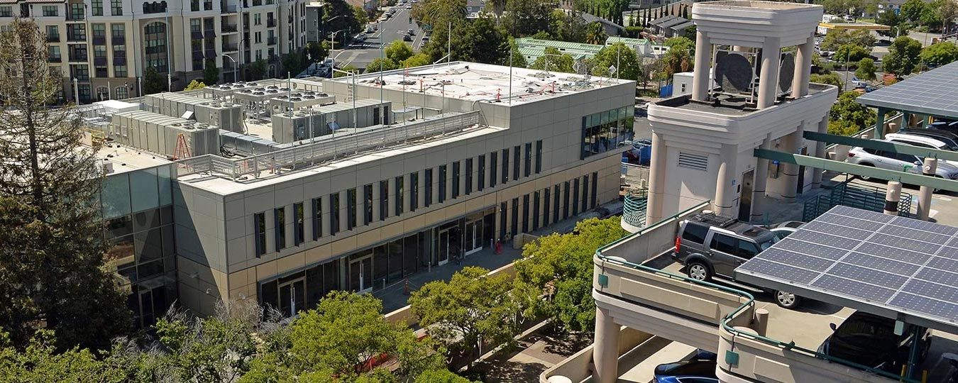 San Mateo County Center buildings and solar panel covered parking structure