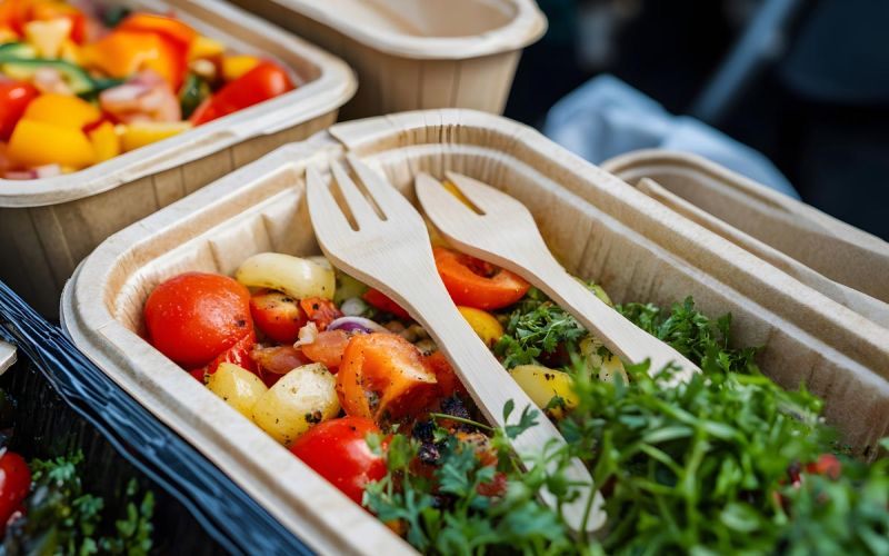 vegetables in compostable takeout trays with wooden compostable utensils