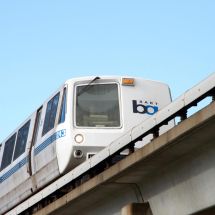 BART train on overhead pass tracks