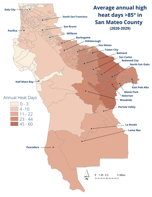 map of extreme heat data in San Mateo County for 2020-2029