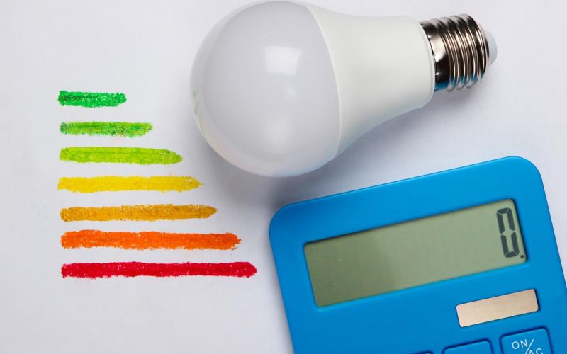 lightbulb and calculator on chart representing energy savings
