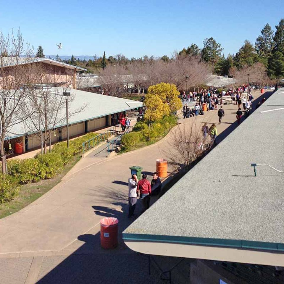 Woodside High School view from library deck looking toward main quad