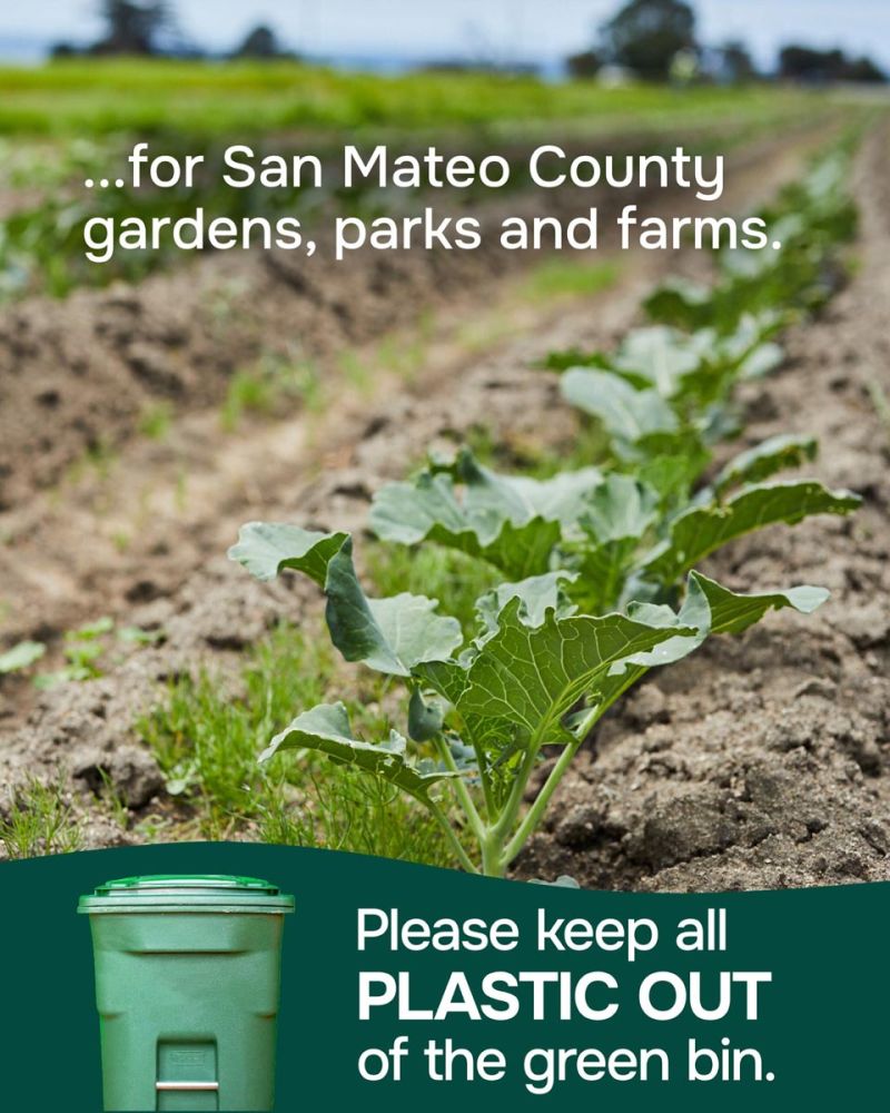 flyer requesting please keep all plastic out of the green bin for San Mateo County gardens, parks and farms