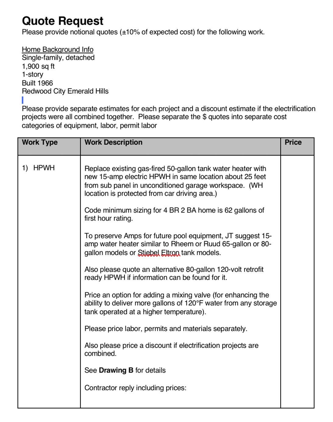 home decarbonization example quote request written estimate