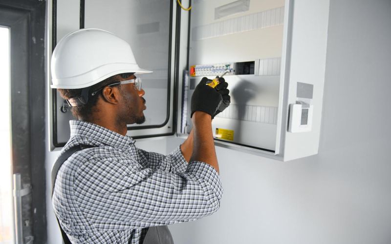 electrician working at electrical panel
