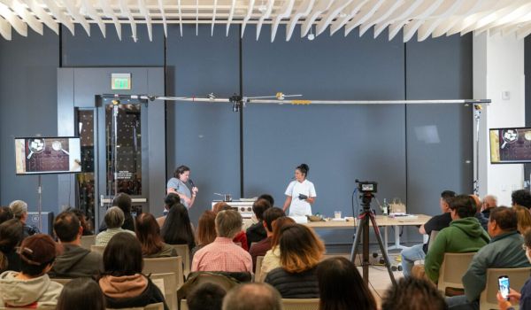 An audience watches an induction cooking demonstration
