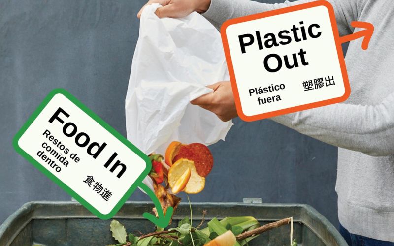 tri-lingual compost sign that educates people about keeping plastic out of the green bin
