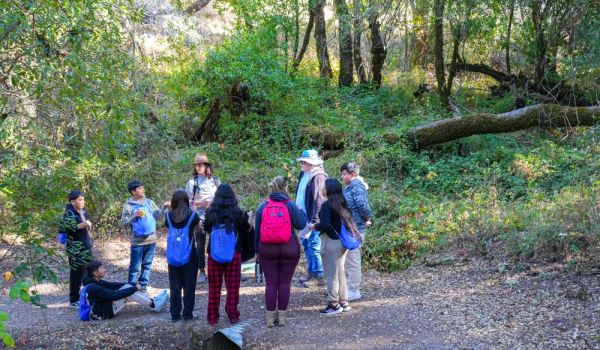 students on Youth Exploring Climate Science field trip on trail at Skyline Ridge Preserve