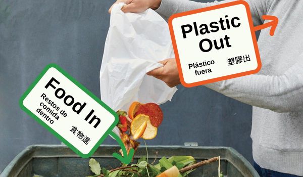 person putting food scraps in green organics collection bin and keeping plastic bag out