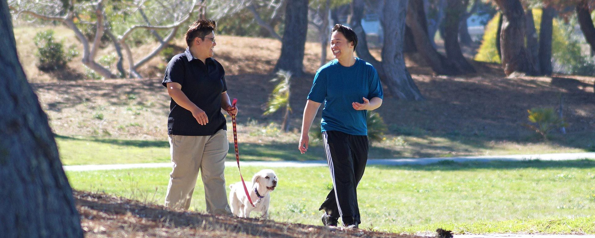 two people talking while walking a dog on leash in a park