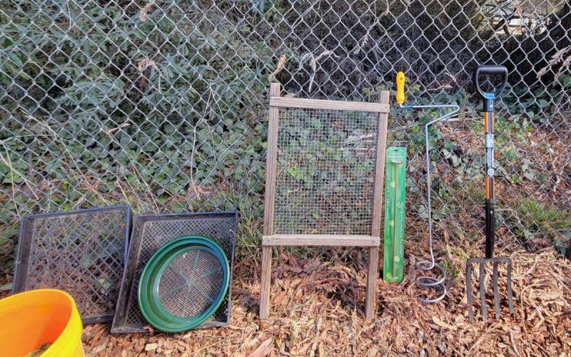 composting and gardening tools displayed at San Mateo County composting workshop