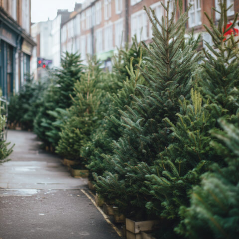 Image of an urban Christmas tree farm with a line of trees and a building behind them.