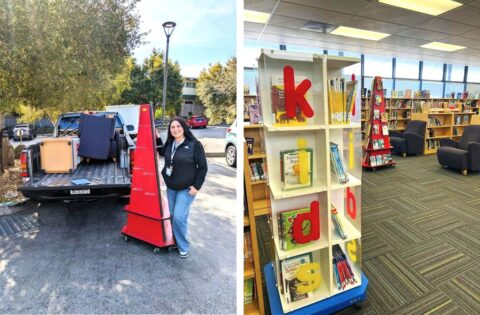 This image is a collage of two photos. The left photo is a woman showing off her items loaded in a truck. The right photo shows a library using the items as book displays. 