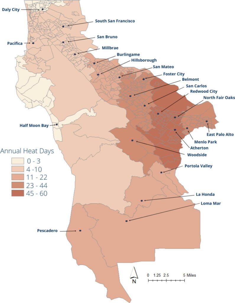 average annual high heat days over 85 degrees in San Mateo County 2020-2029