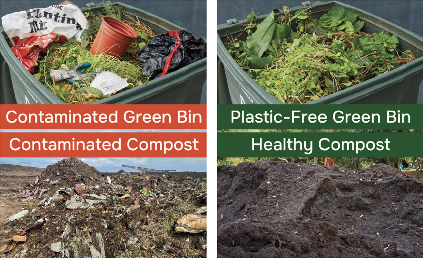 comparison of contaminated green waste bin and compost pile with plastic-free green waste bin and healthy compost pile