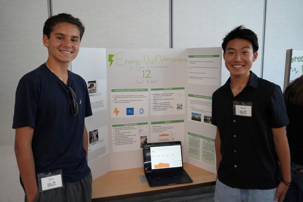 2 students posing in front of their "Energy Use Optimization" project poster