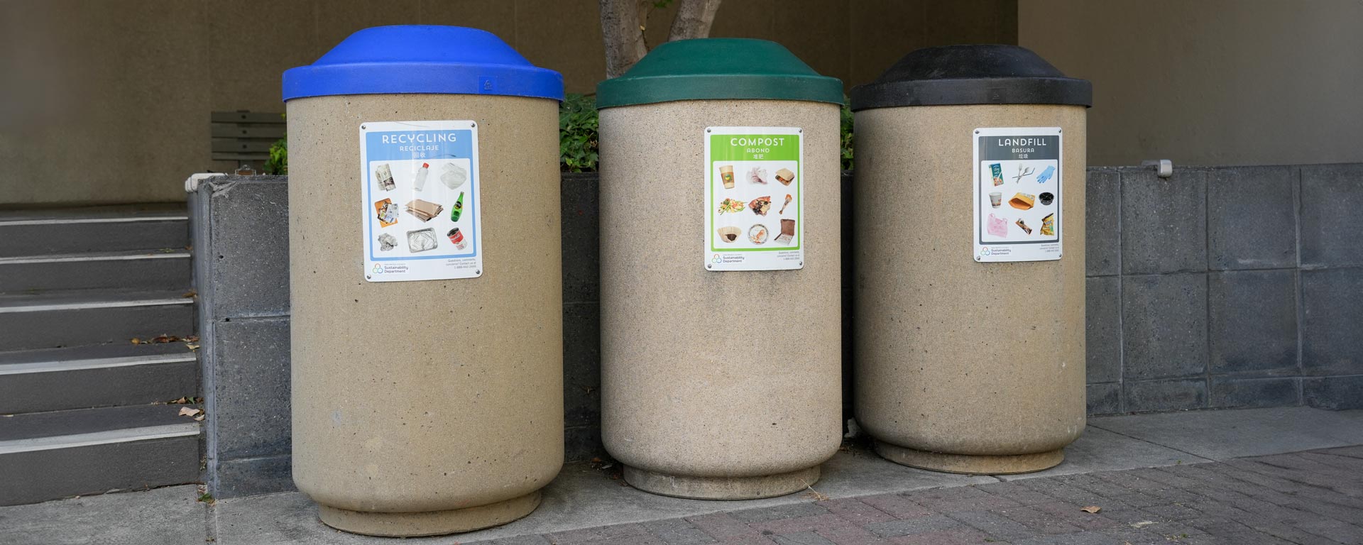 Tri-bin waste bins at county facility for compost, recycling and landfill